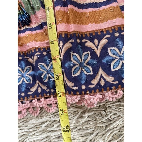 FARM RIO Seashell Tapestry Pink Mini Dress XL Organic Cotton Puff Sleeves Tassel - Picture 11 of 14